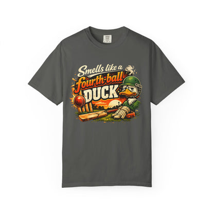Smells Like a Fourth Ball Duck | Funny Cricket T-Shirt Retro Graphic Tee | garment-dyed cricket t-shirt | cricket fan gift...