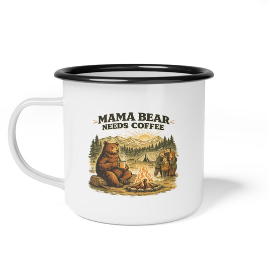 Mug with 'Mama Bear Needs Coffee' design featuring a bear and family around a campfire.
