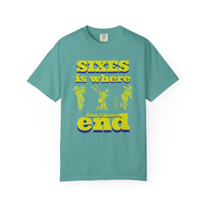 Sixes Is Where Run Chases End | Cricket Power Hitting Tee | garment-dyed cricket t-shirt | cricket fan gift | Odyssey Camp...