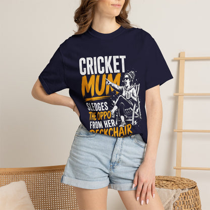 Cricket Mum garment-dyed cricket tee, boundary deckchair sledging design by Odyssey Camp & Co.