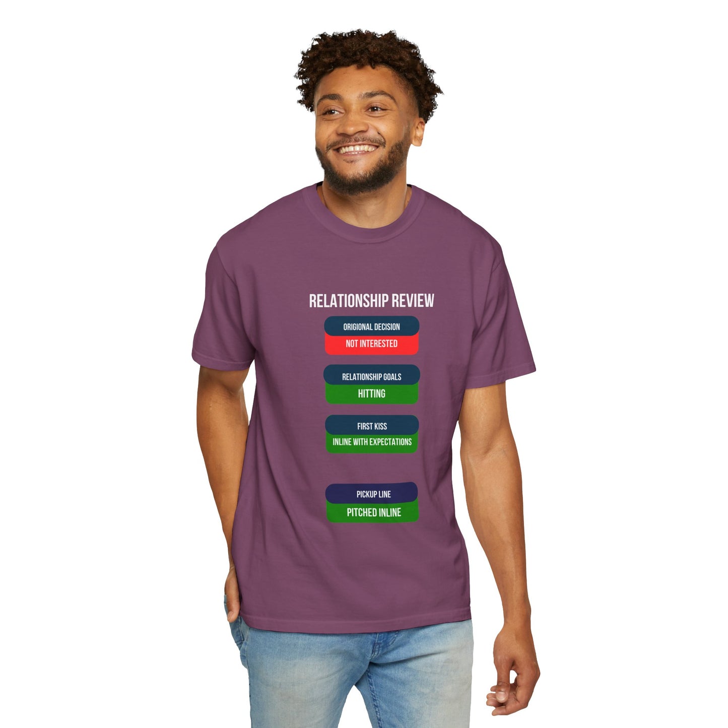 Pepper colour Relationship Review graphic tee, front view showing the full dating status review design