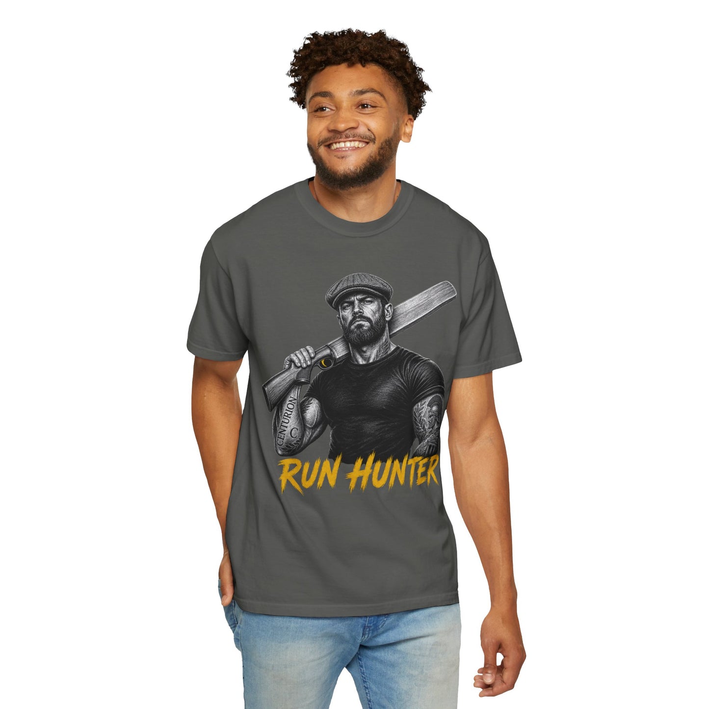 Run Hunter cricket batsman tee, century-maker graphic in white line work