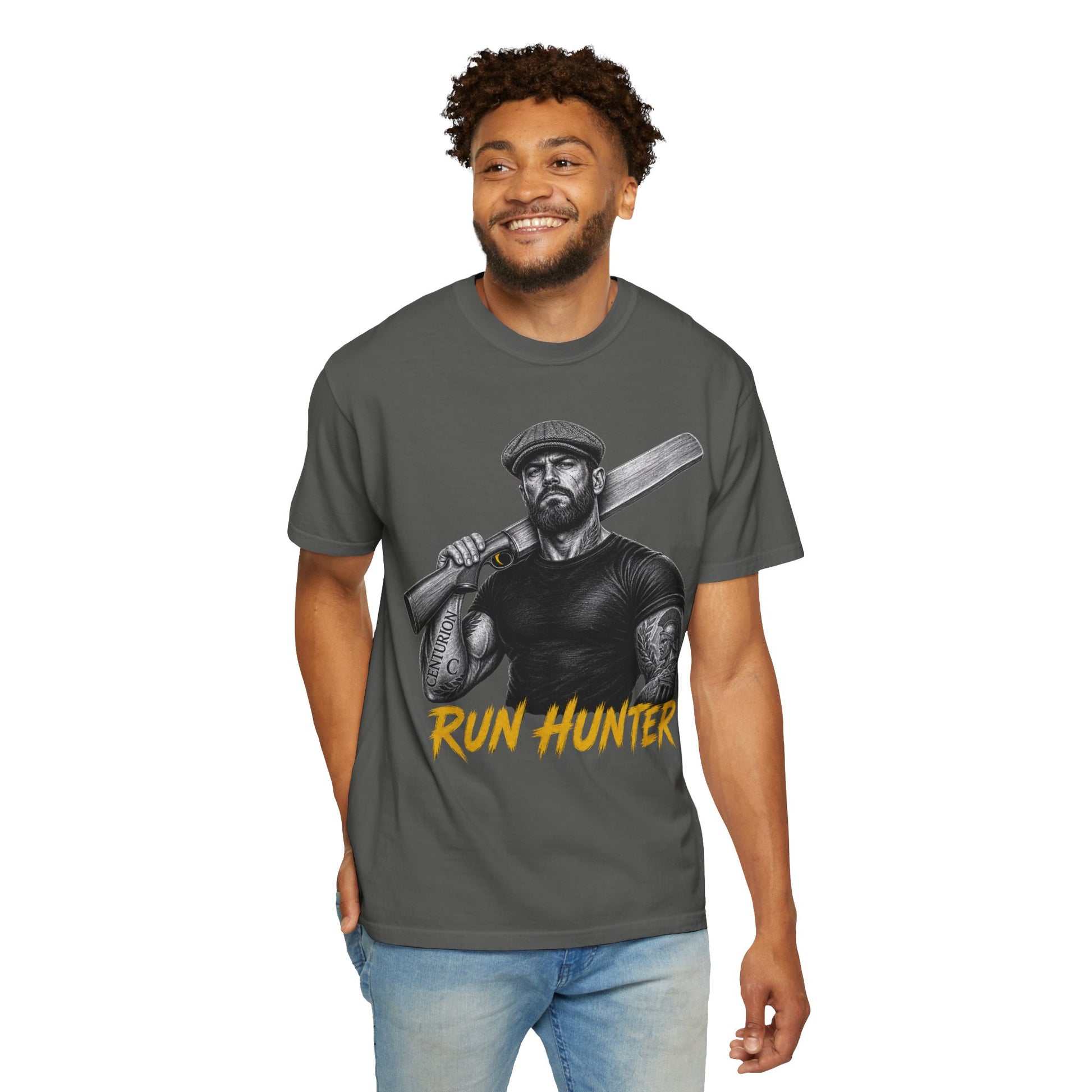 Run Hunter cricket batsman tee, century-maker graphic in white line work