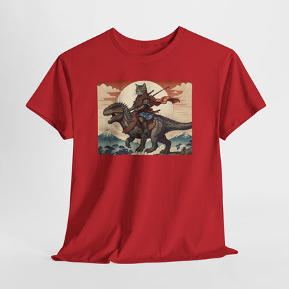 Samurai Cat Riding T-REX  T‑Shirt — Vintage Japanese Wave Art Tee