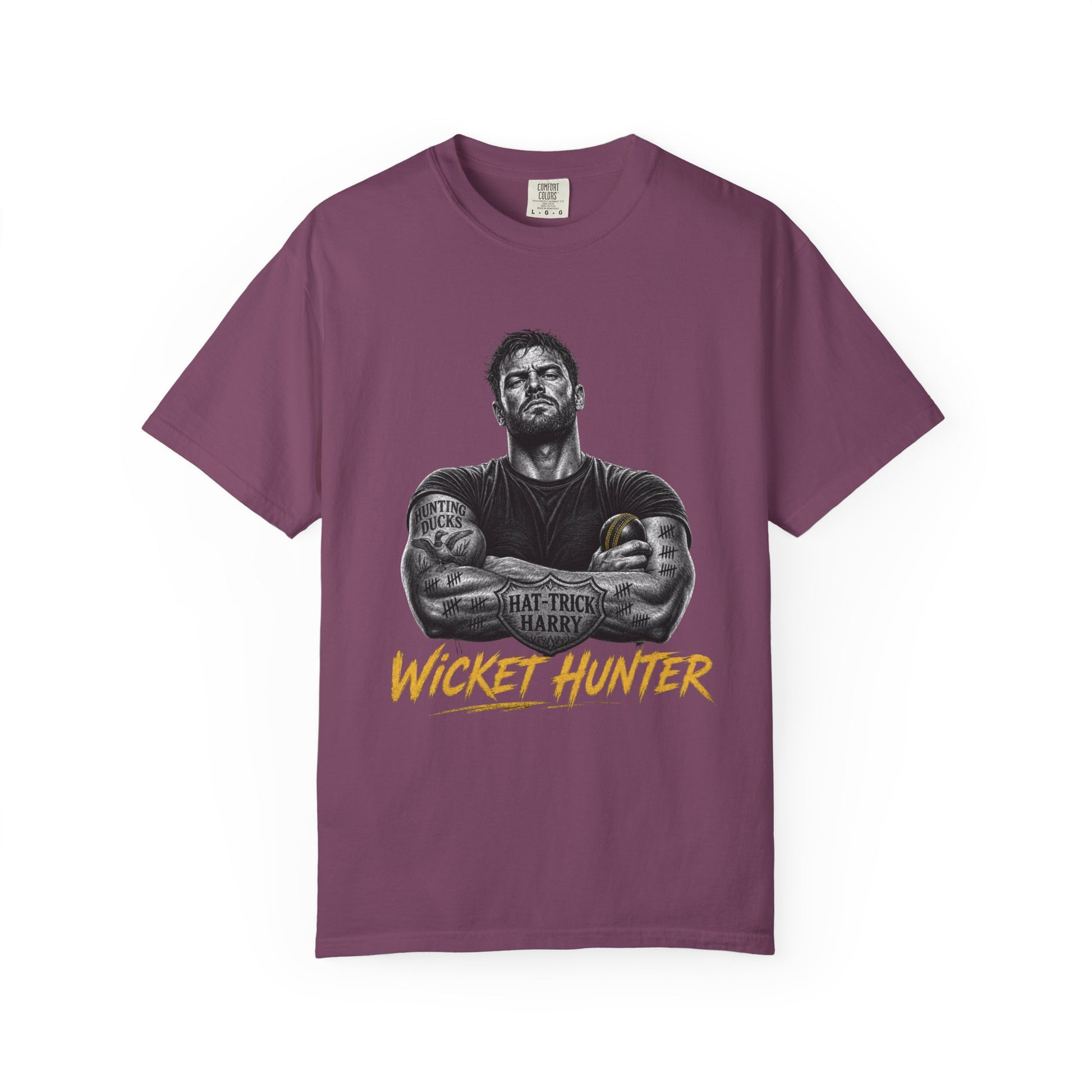 Wicket Hunter Cricket Fan Tee, fast bowler holding a cricket ball, white line-art graphic