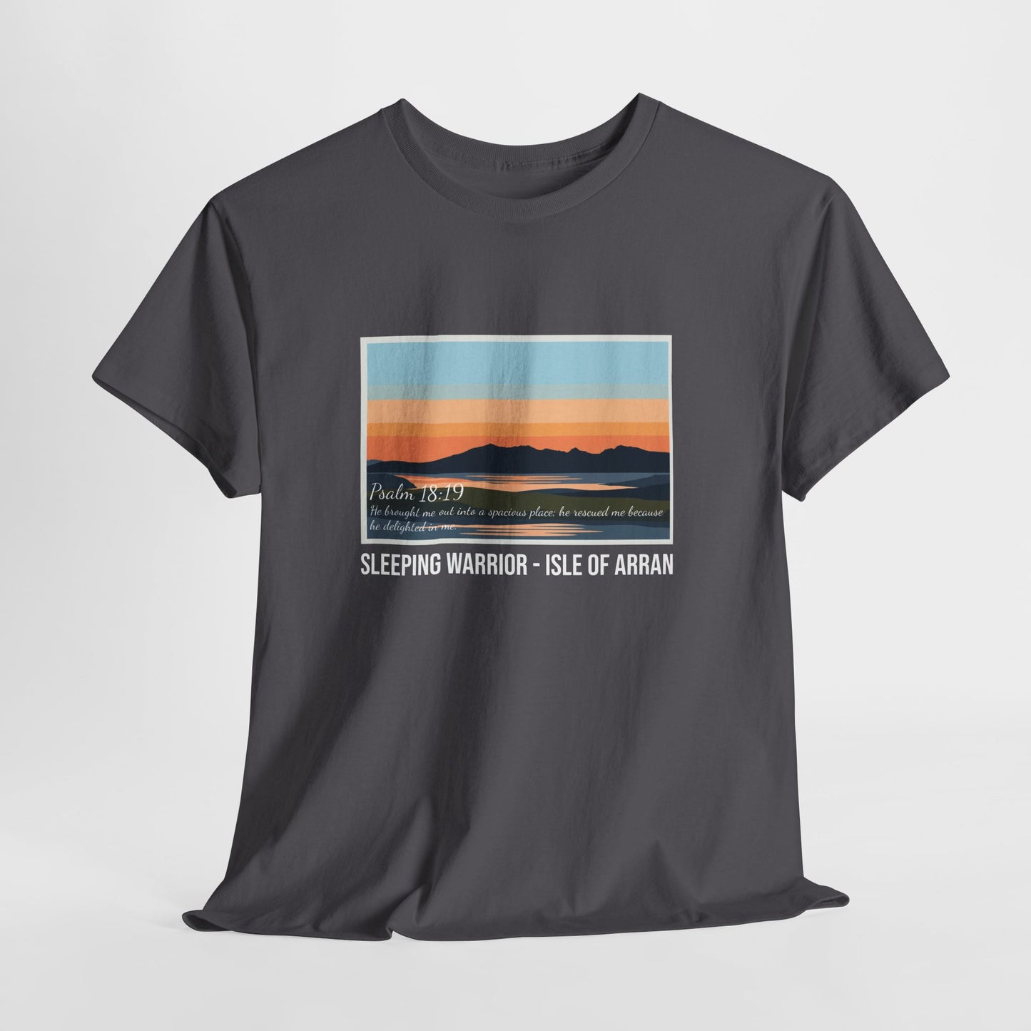 Sleeping Warrior Isle of Arran Sunset Tee — Psalm 18:19 T-Shirt