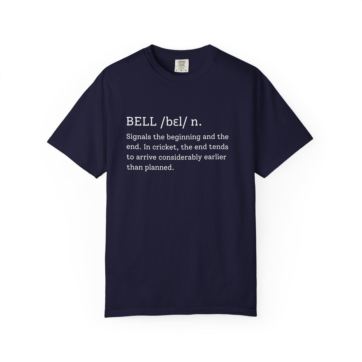BELL Cricket Dictionary T-Shirt by Odyssey Camp & Co, white typewriter-style definition print on a garment-dyed cotton tee.