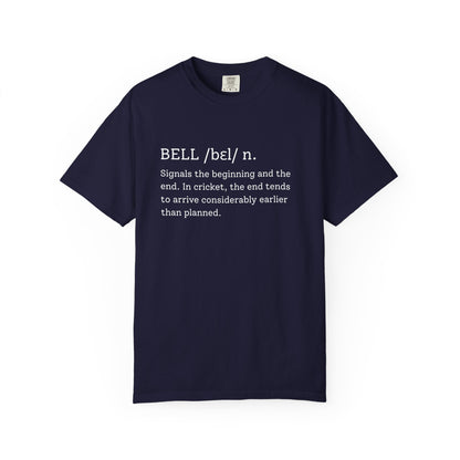 BELL Cricket Dictionary T-Shirt by Odyssey Camp & Co, white typewriter-style definition print on a garment-dyed cotton tee.