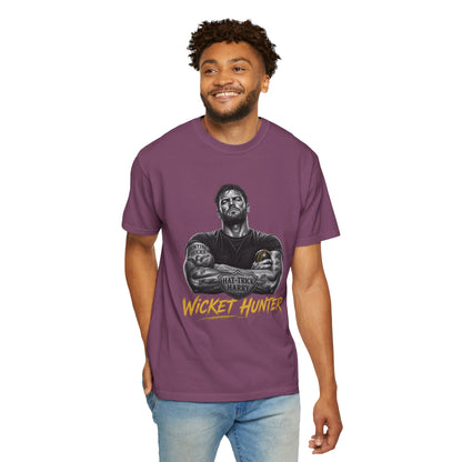 Wicket Hunter cricket t-shirt, tattooed fast bowler design, funny cricket gift idea UK