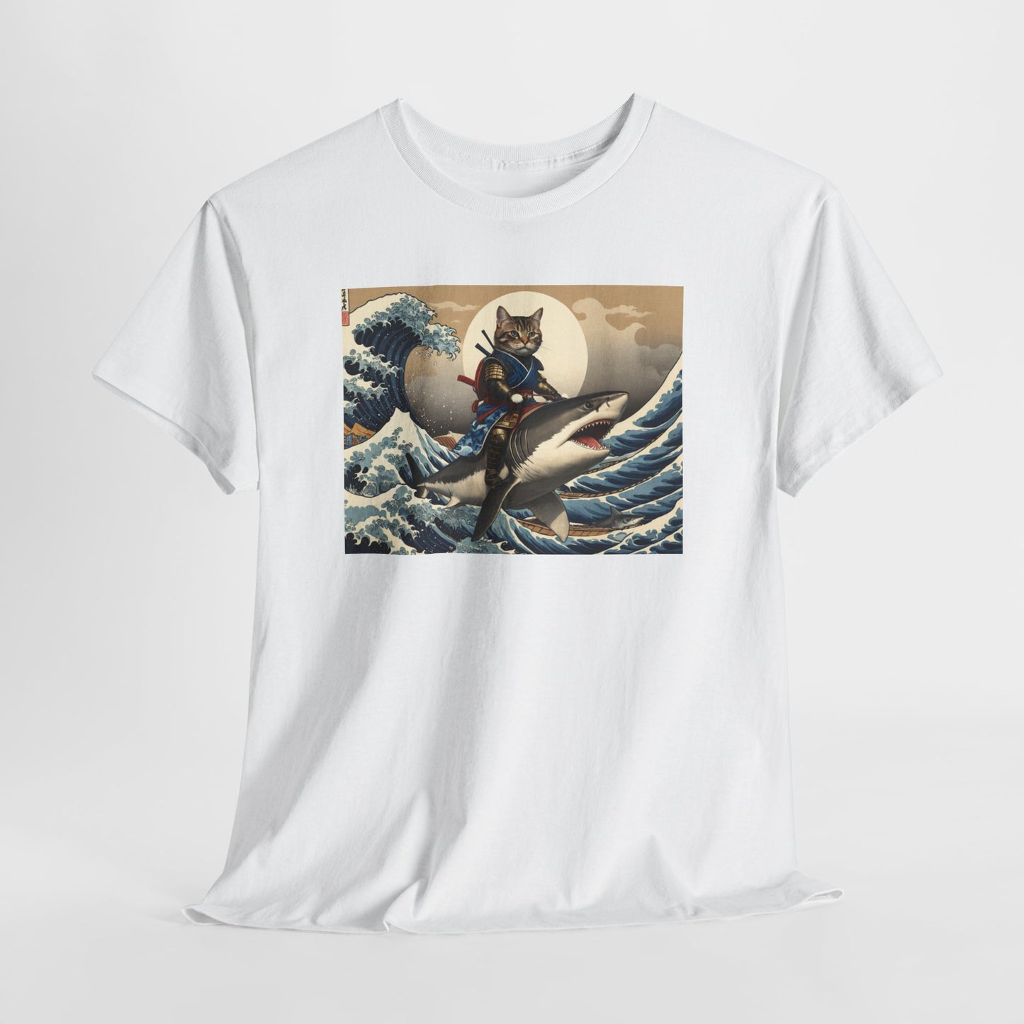 Samurai Cat Riding Shark T-Shirt | Vintage Japanese Wave Art Tee | Odyssey Camp & Co.
