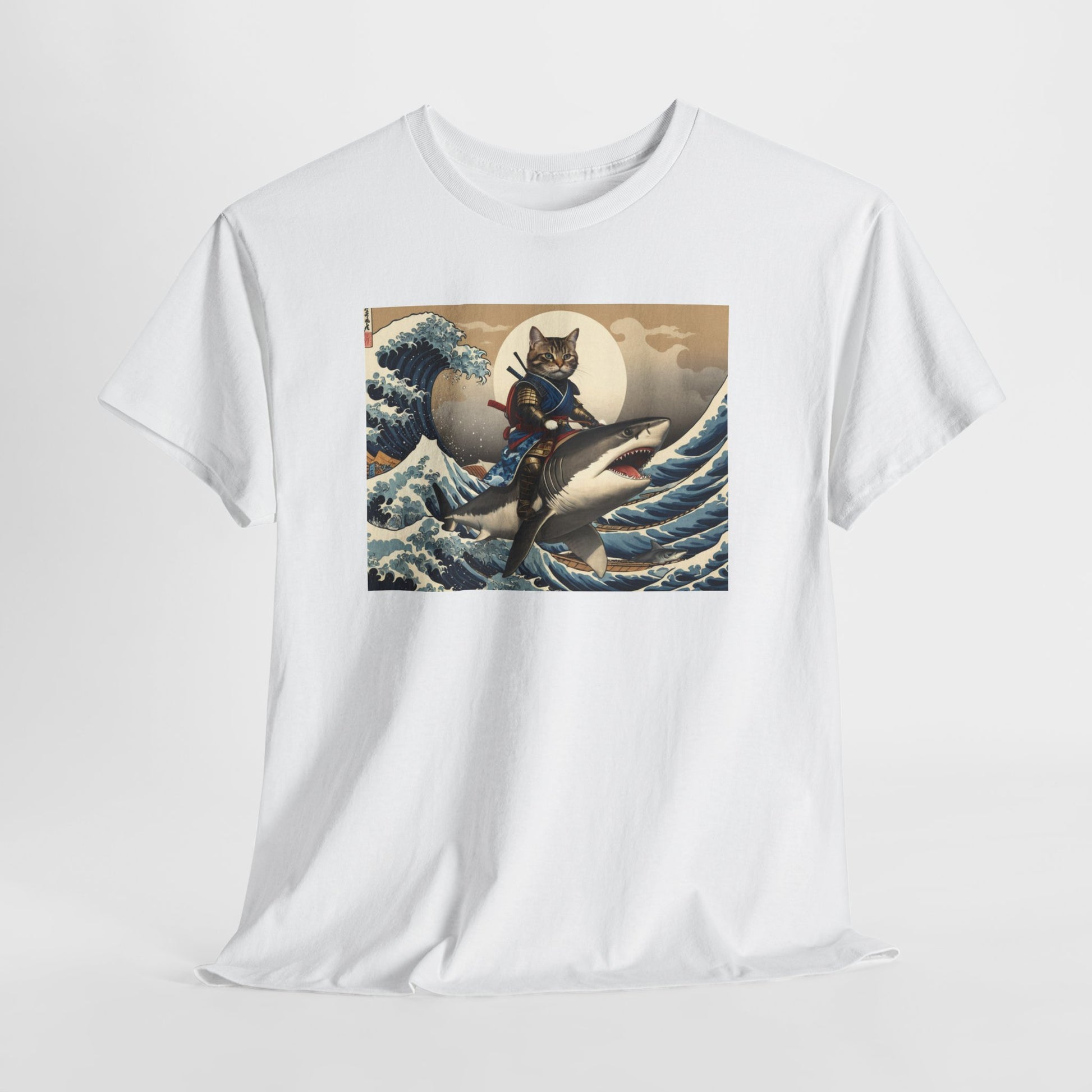 Samurai Cat Riding Shark T-Shirt | Vintage Japanese Wave Art Tee | Odyssey Camp & Co.