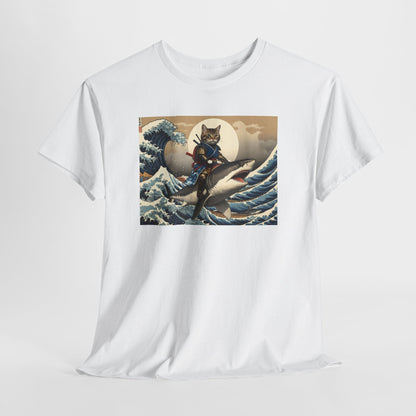 Samurai Cat Riding Shark T-Shirt | Vintage Japanese Wave Art Tee | Odyssey Camp & Co.