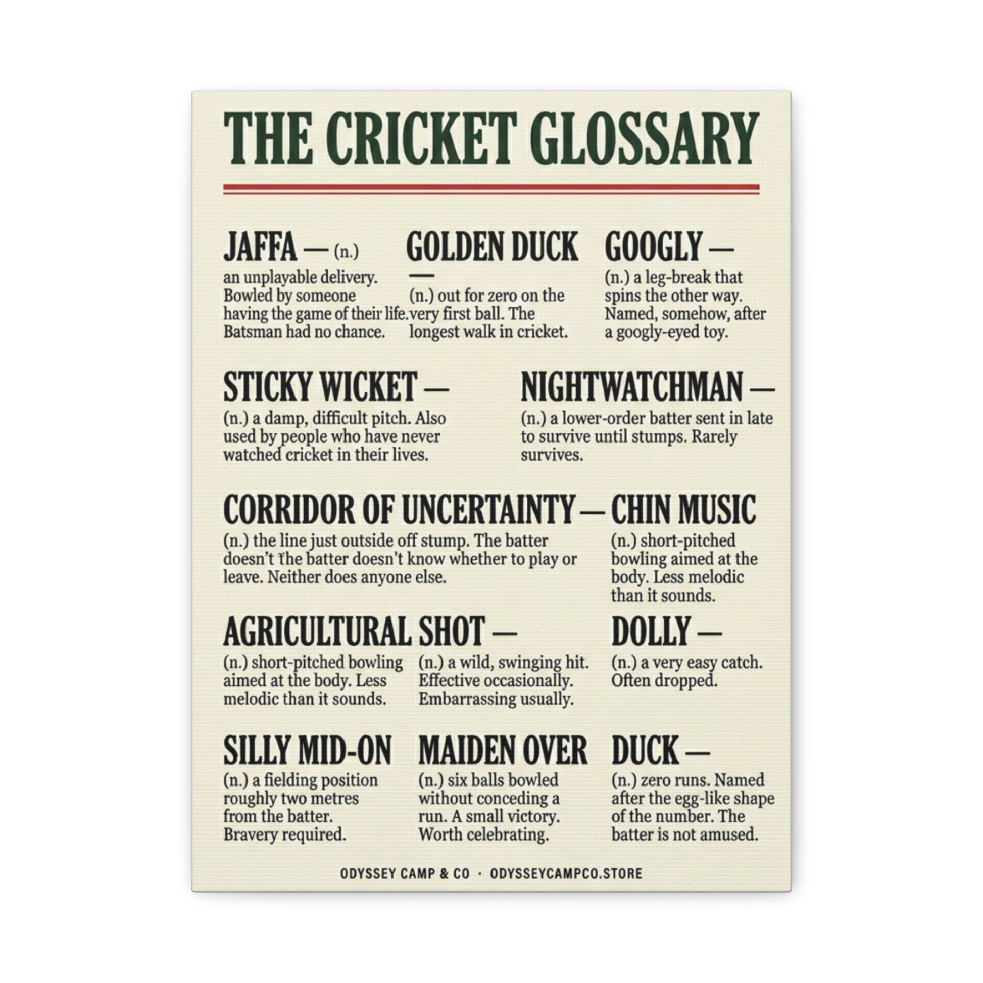 Cricket Slang Glossary Matte Canvas Print | Vintage Sports Poster | matte stretched canvas wall art | Odyssey Camp & Co.