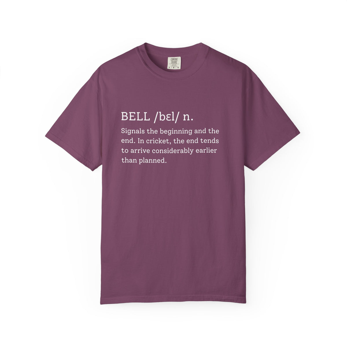 BELL Cricket Dictionary T-Shirt by Odyssey Camp & Co, white typewriter-style definition print on a garment-dyed cotton tee.
