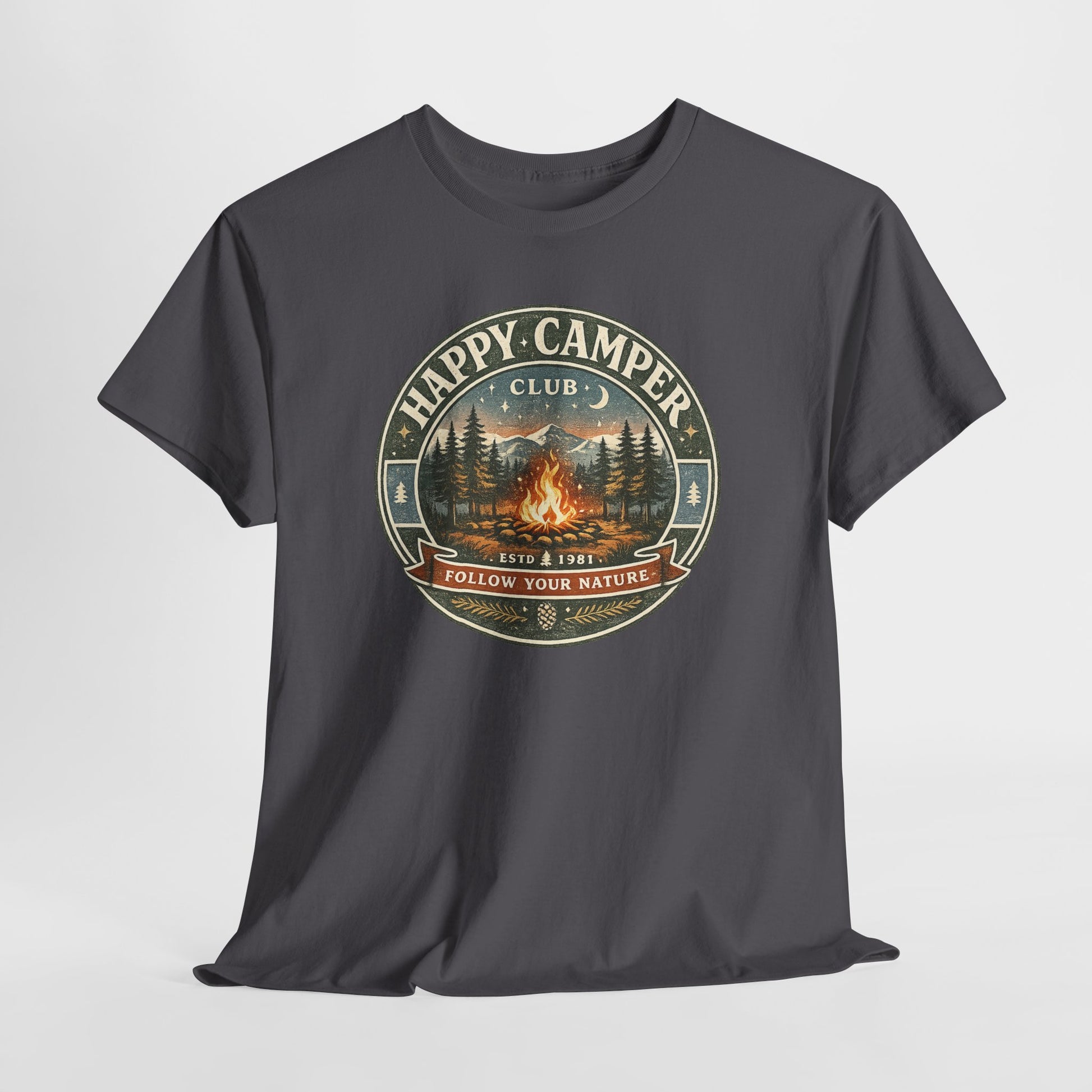 Unisex Happy Camper Tee | Vintage Campfire Badge Shirt | Odyssey Camp & Co.