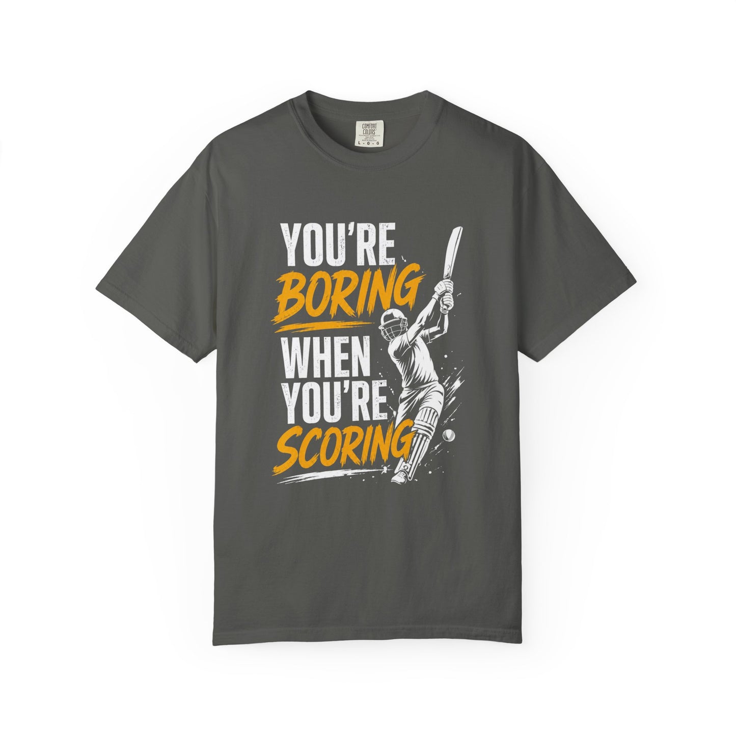You're boring when you're scoring cricket print detail | Cricket Batter T-Shirt | Odyssey Camp & Co.