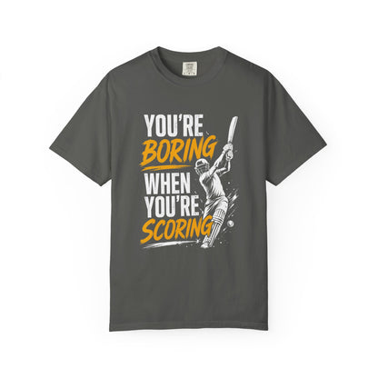 You're boring when you're scoring cricket print detail | Cricket Batter T-Shirt | Odyssey Camp & Co.