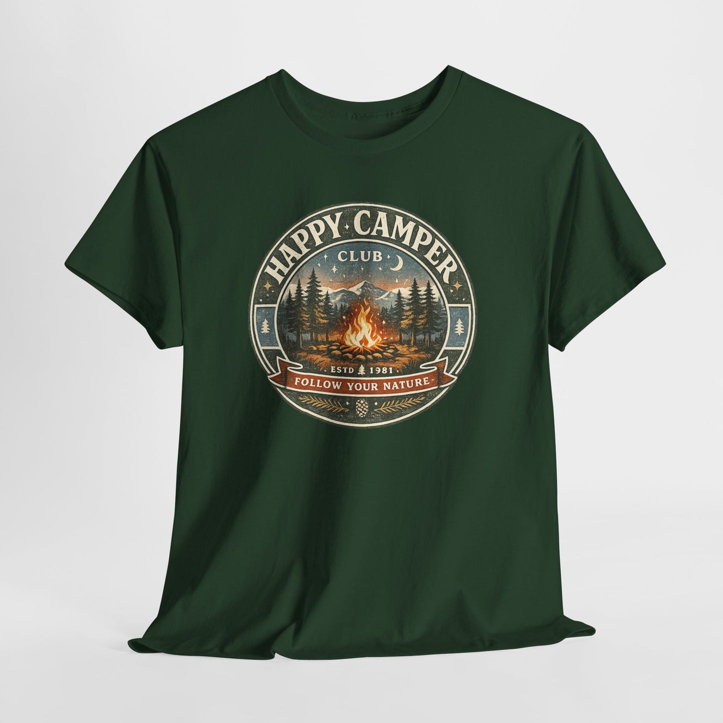 Unisex Happy Camper Tee | Vintage Campfire Badge Shirt | Odyssey Camp & Co.