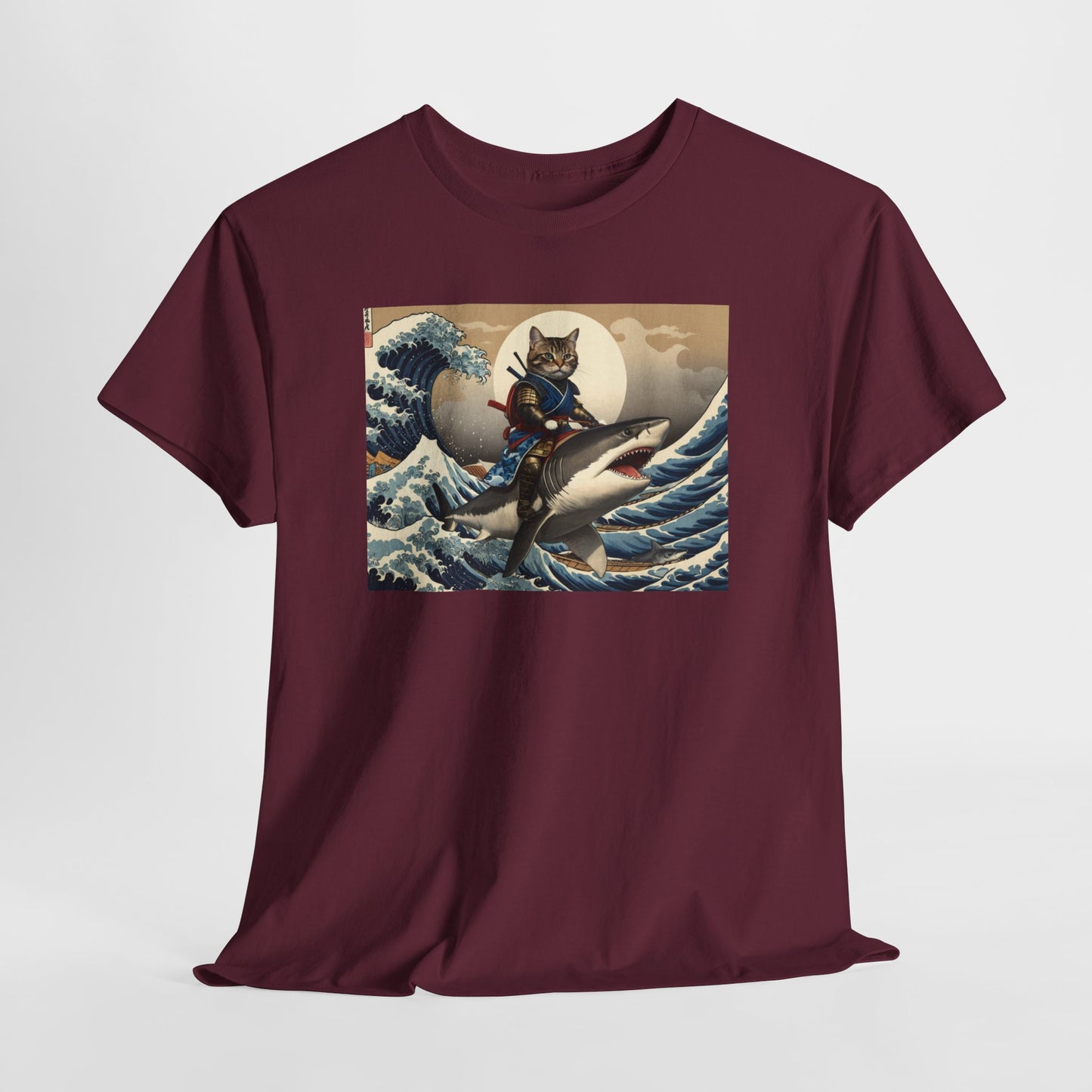 Samurai Cat Riding Shark T-Shirt | Vintage Japanese Wave Art Tee | Odyssey Camp & Co.