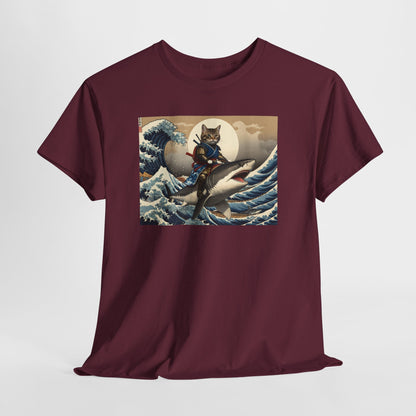 Samurai Cat Riding Shark T-Shirt | Vintage Japanese Wave Art Tee | Odyssey Camp & Co.