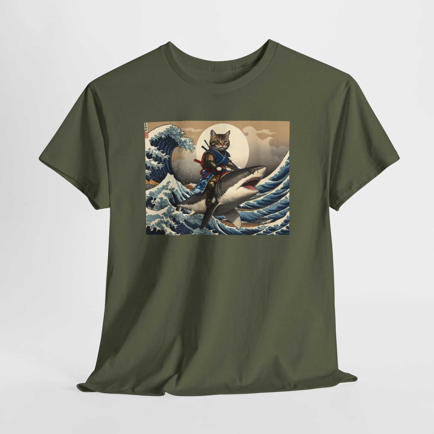 Samurai Cat Riding Shark T-Shirt | Vintage Japanese Wave Art Tee | Odyssey Camp & Co.