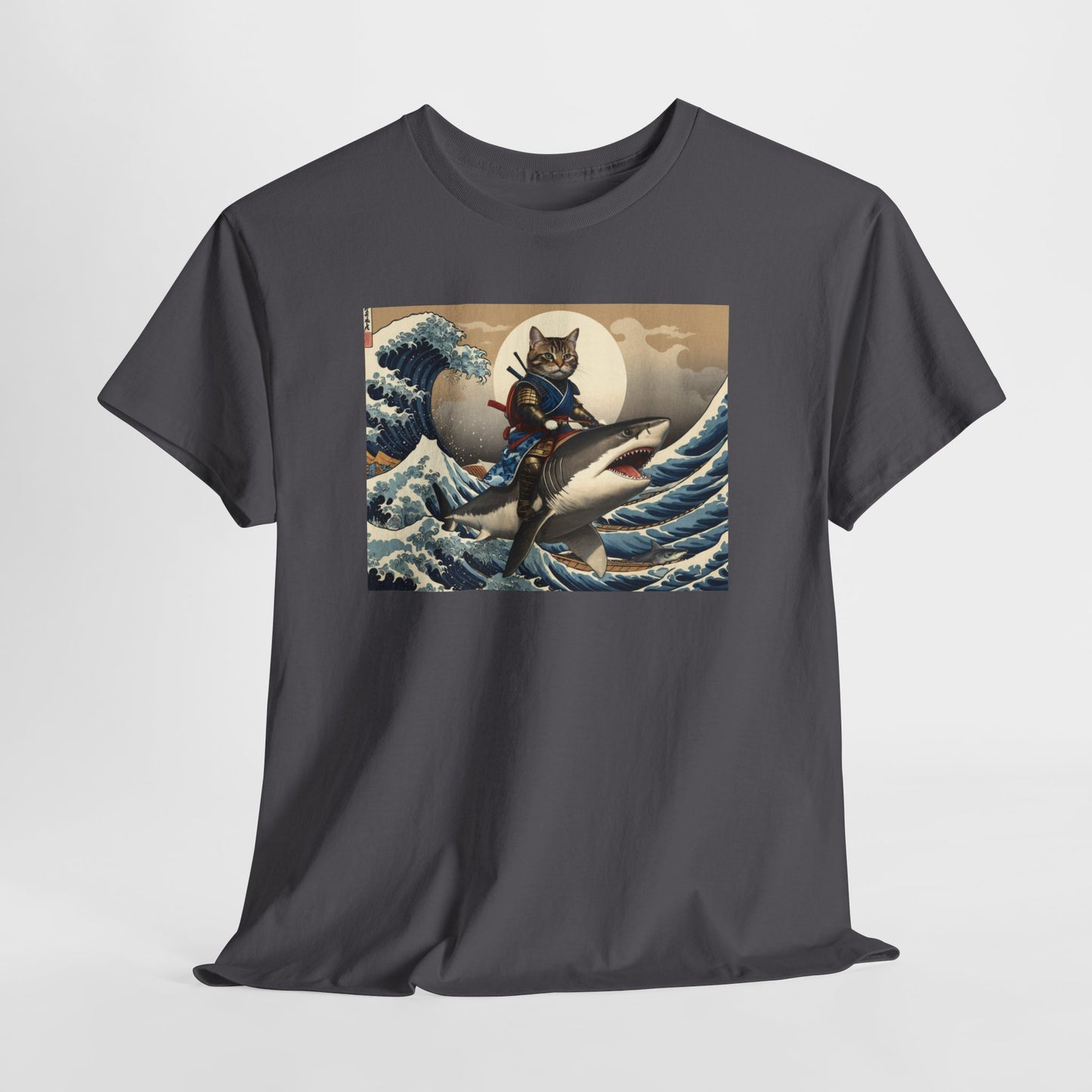 Samurai Cat Riding Shark T-Shirt | Vintage Japanese Wave Art Tee | Odyssey Camp & Co.