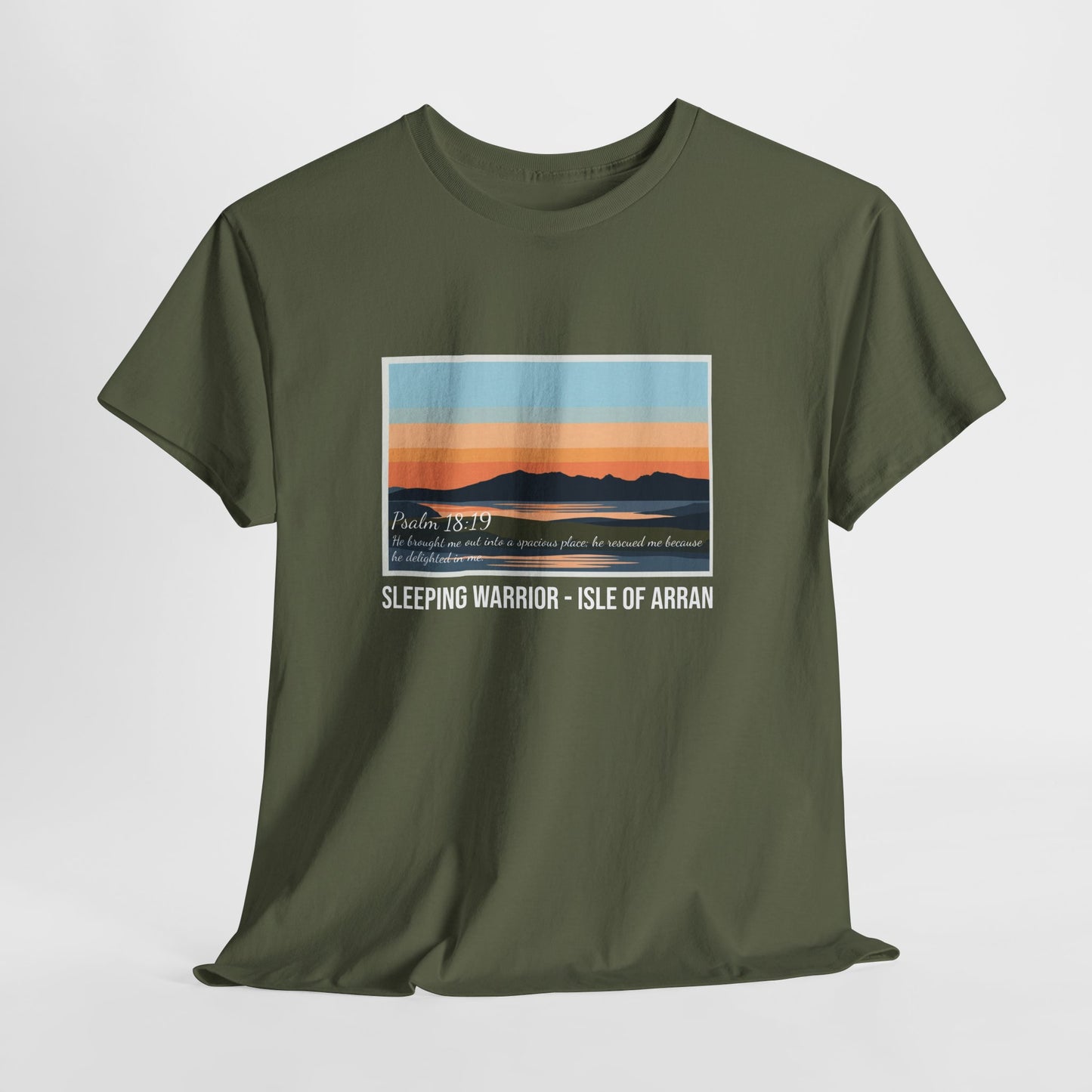 Sleeping Warrior Isle of Arran Sunset Tee — Psalm 18:19 T-Shirt