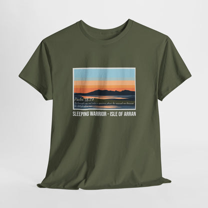 Sleeping Warrior Isle of Arran Sunset Tee — Psalm 18:19 T-Shirt
