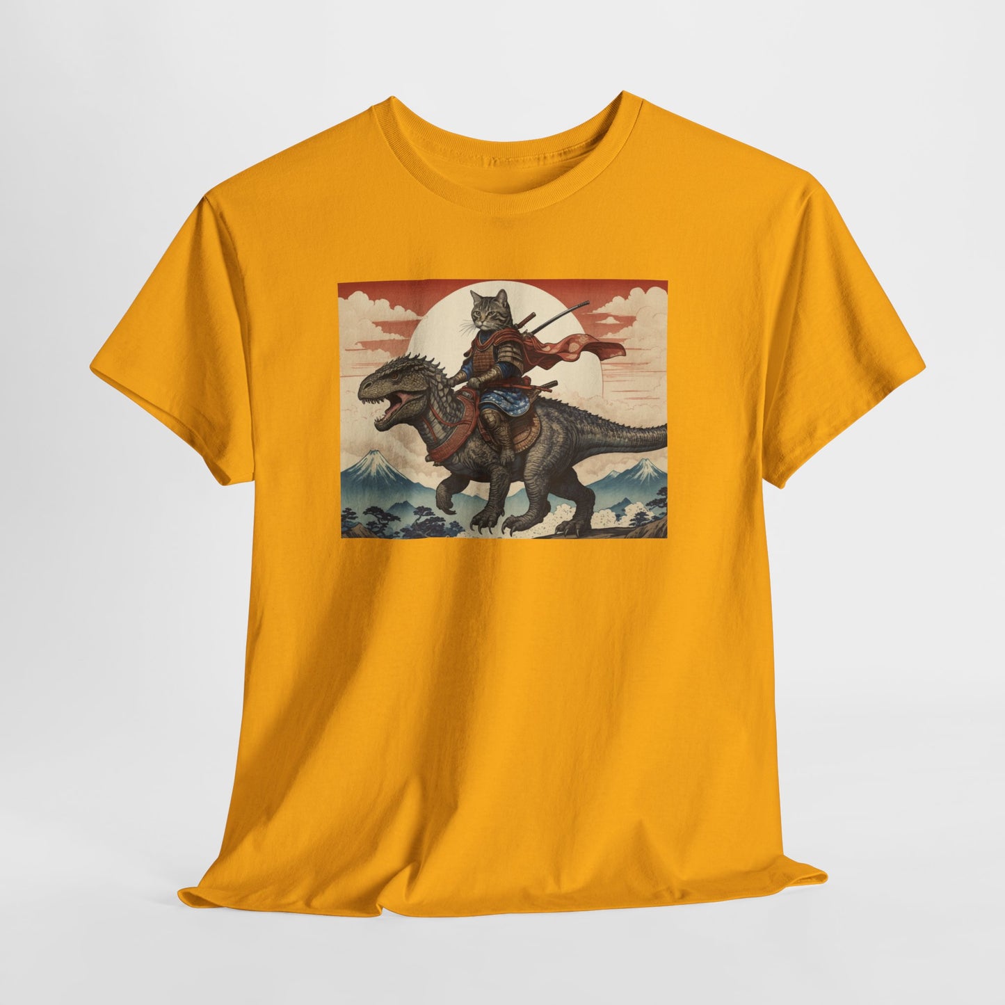 Samurai Cat Riding T-REX T-Shirt | Vintage Japanese Wave Art Tee | Odyssey Camp & Co.