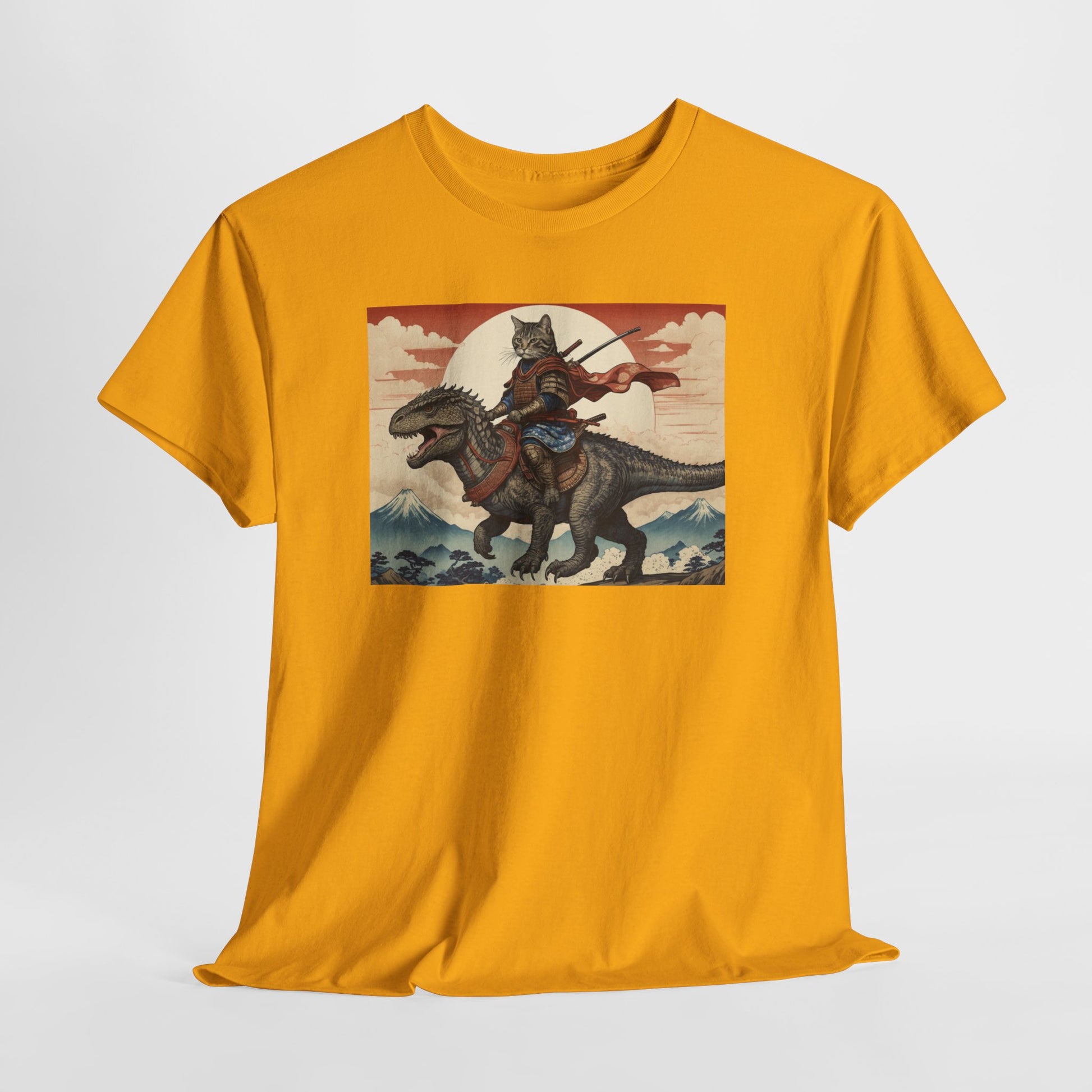Samurai Cat Riding T-REX T-Shirt | Vintage Japanese Wave Art Tee | Odyssey Camp & Co.