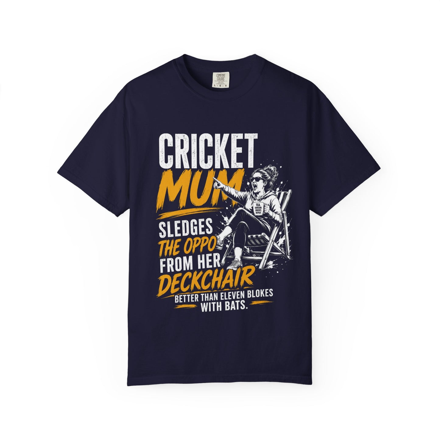 Cricket Mum cricket t-shirt design, deckchair sledging cricket humour tee for mums