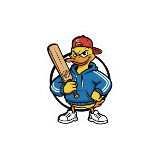 Cartoon duck character wearing a blue hoodie and red cap, holding a cricket bat on a white background