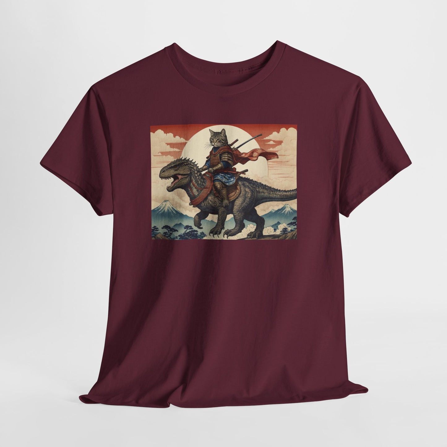 Samurai Cat Riding T-REX T-Shirt | Vintage Japanese Wave Art Tee | Odyssey Camp & Co.