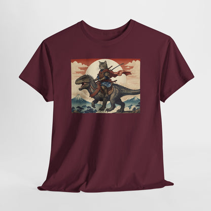 Samurai Cat Riding T-REX T-Shirt | Vintage Japanese Wave Art Tee | Odyssey Camp & Co.