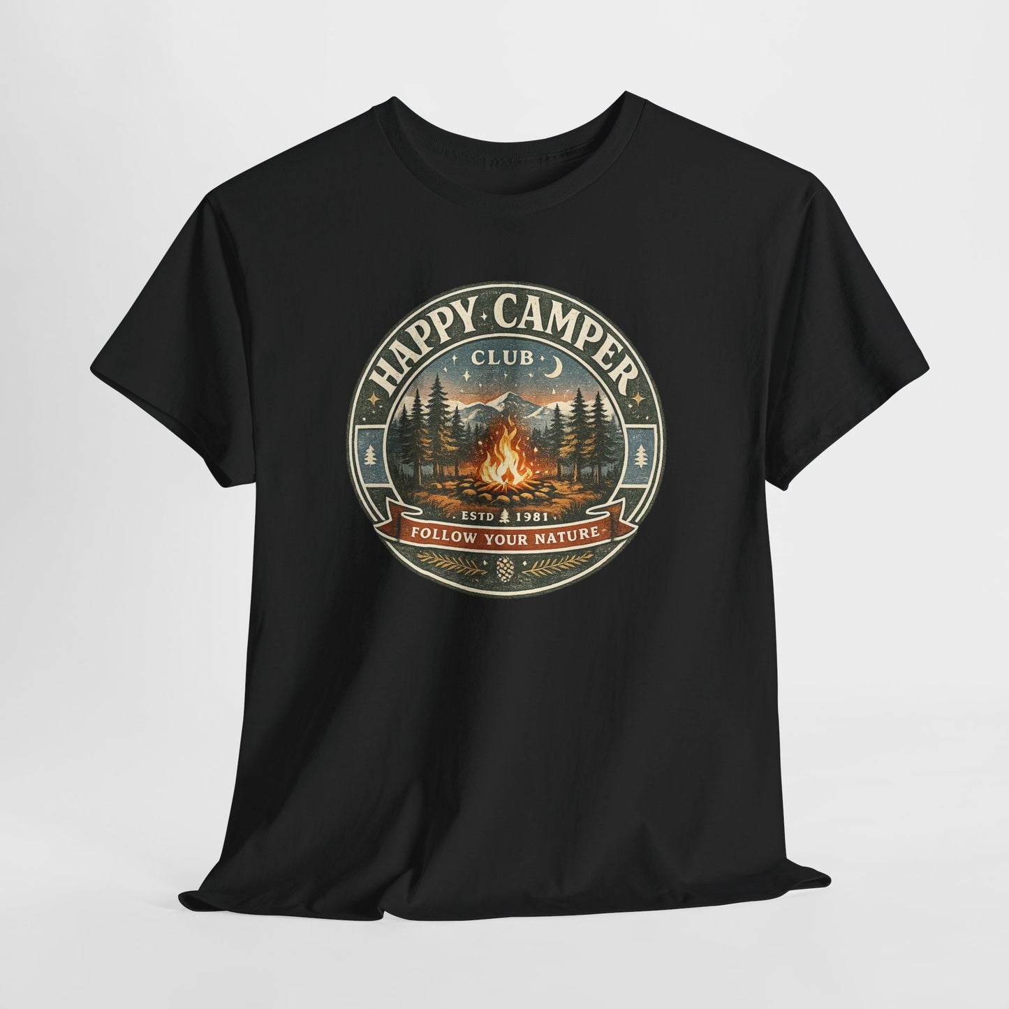Unisex Happy Camper Tee | Vintage Campfire Badge Shirt | Odyssey Camp & Co.