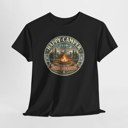 Unisex Happy Camper Tee | Vintage Campfire Badge Shirt | Odyssey Camp & Co.
