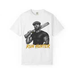 Run Hunter cricket batsman tee, tattooed batsman in a tweed flat cap with a cricket bat over his shoulder, white on black graphic, by Odyssey Camp & Co.