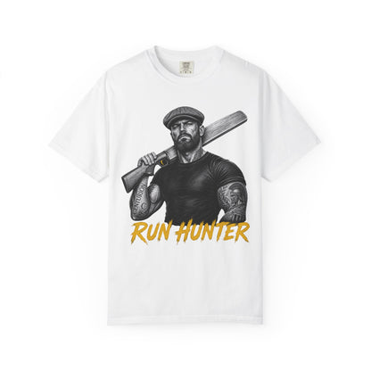 Run Hunter cricket batsman tee, tattooed batsman in a tweed flat cap with a cricket bat over his shoulder, white on black graphic, by Odyssey Camp & Co.
