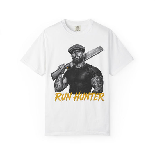 Run Hunter cricket batsman tee, tattooed batsman in a tweed flat cap with a cricket bat over his shoulder, white on black graphic, by Odyssey Camp & Co.