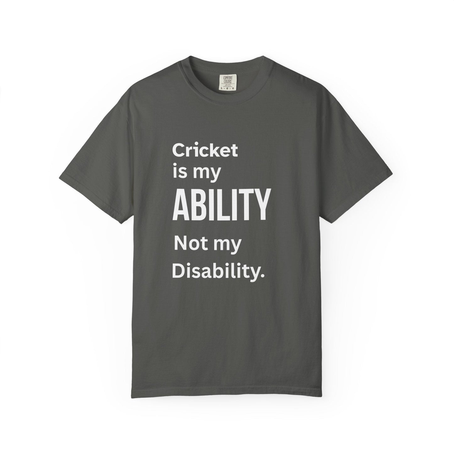 Cricket Is My Ability disability pride cricket t-shirt, back view