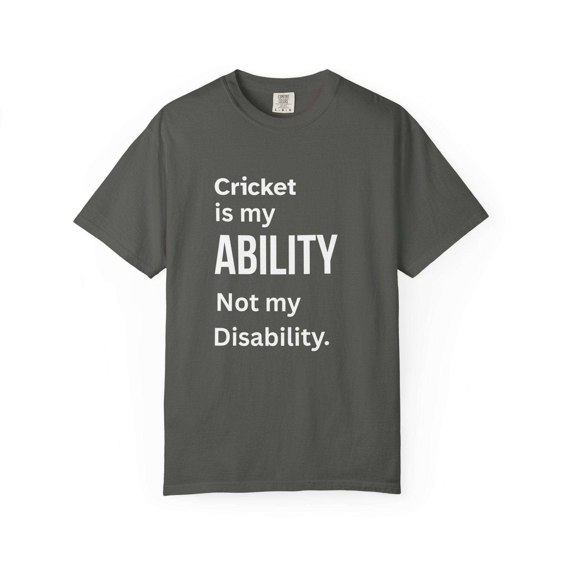 Cricket Is My Ability disability pride cricket t-shirt, back view