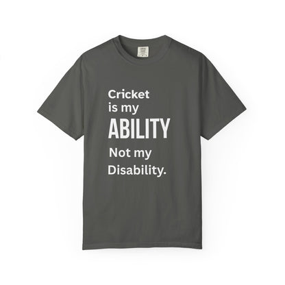 Cricket Is My Ability disability pride cricket t-shirt, back view