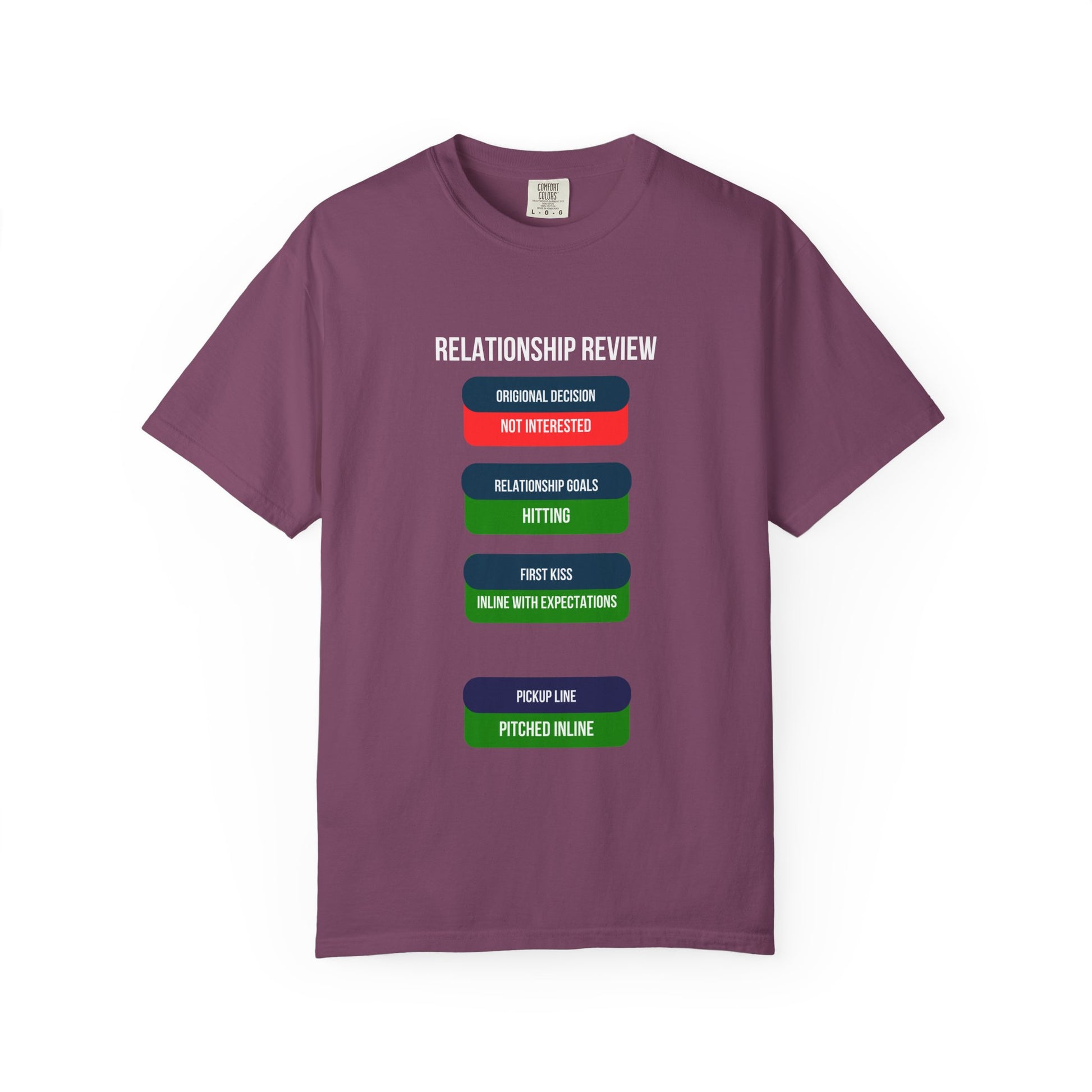 Black Relationship Review t-shirt with red and green dating status graphic on the front, Odyssey Camp & Co. funny couples tee