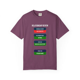 Black Relationship Review t-shirt with red and green dating status graphic on the front, Odyssey Camp & Co. funny couples tee