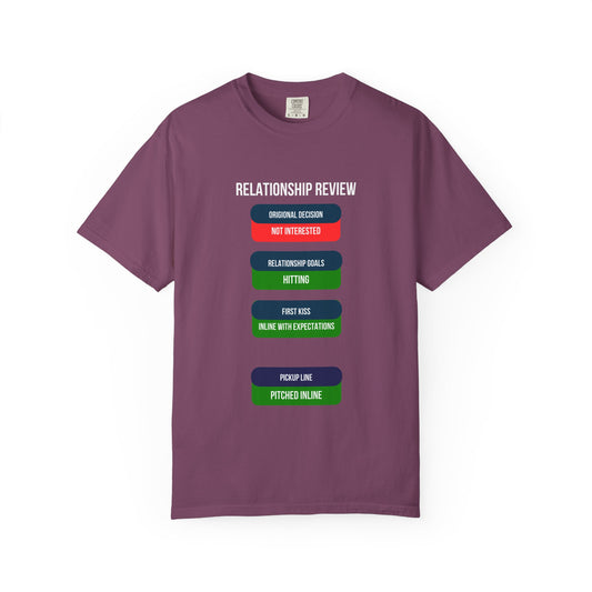 Black Relationship Review t-shirt with red and green dating status graphic on the front, Odyssey Camp & Co. funny couples tee