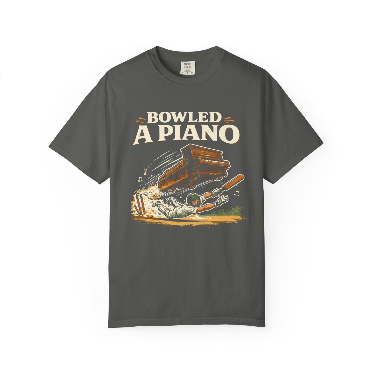 Bowled A Piano | Funny Cricket T-Shirt Retro Graphic Cricket Tee | gray | Odyssey Camp & Co.
