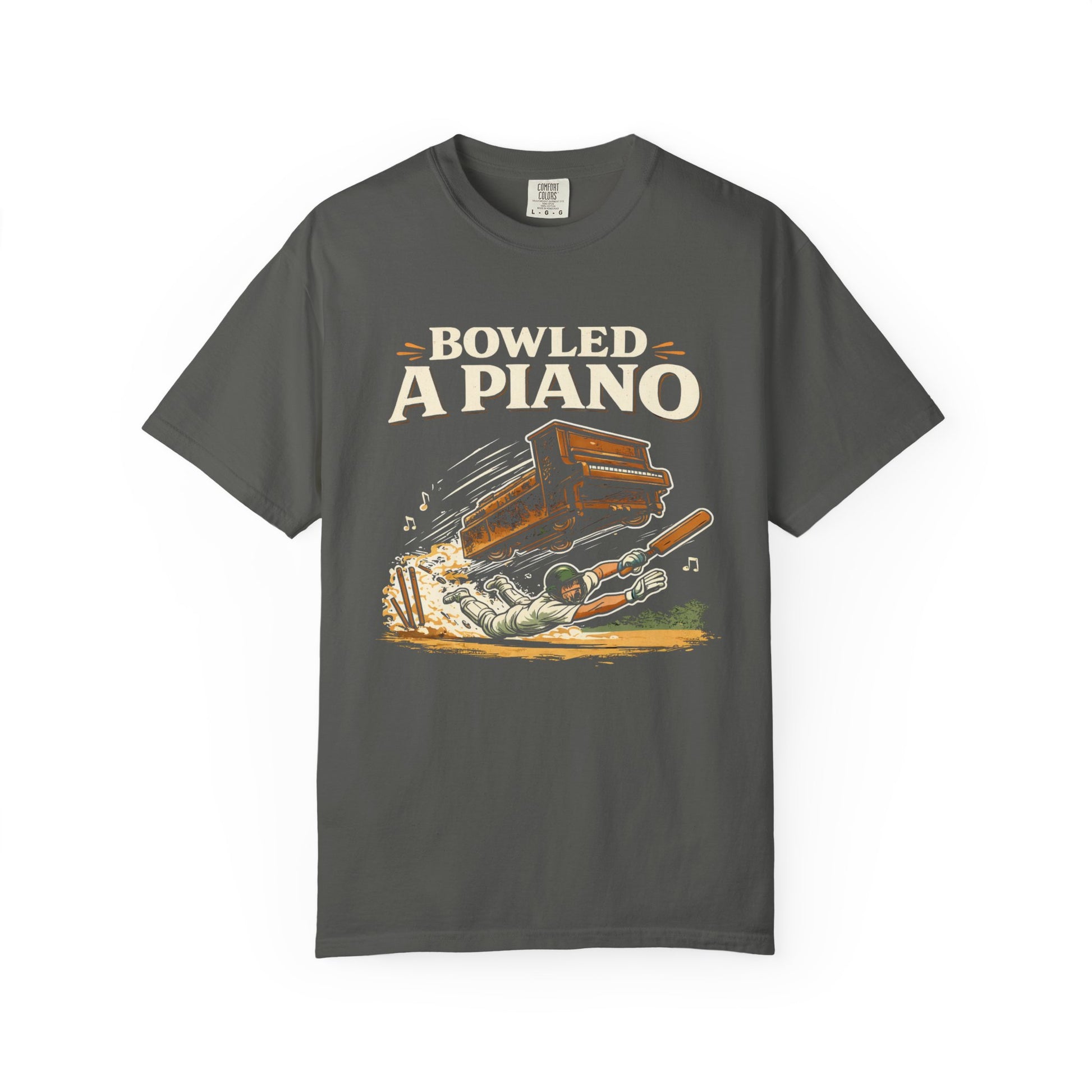 Bowled A Piano | Funny Cricket T-Shirt Retro Graphic Cricket Tee | gray | Odyssey Camp & Co.