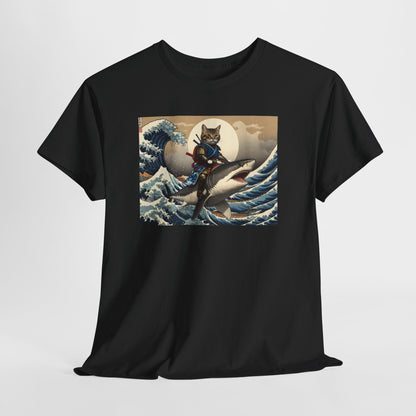 Samurai Cat Riding Shark T-Shirt | Vintage Japanese Wave Art Tee | garment-dyed cricket t-shirt | cricket fan gift | Odyss...