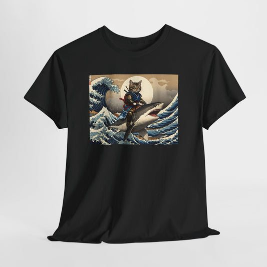 Samurai Cat Riding Shark T-Shirt | Vintage Japanese Wave Art Tee | garment-dyed cricket t-shirt | cricket fan gift | Odyss...