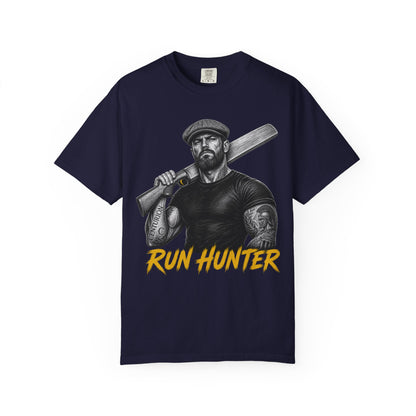 Run Hunter cricket batsman graphic tee, cricket bat carried like a shotgun, tattoo-style white line art
